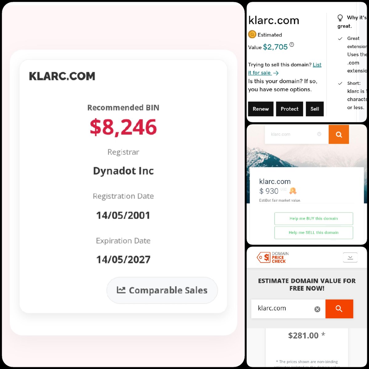 🌐 KLARC .com

💰 Sold Price : $5,000

✔ @DNRater Recommended BIN : $8,246
✔ Godaddy Estimation : $2,705
✔ Estibot Valuation : $930
✔ InternetX Appraisal : $281

📌 Venue : <a href="/atomHQ/">Atom.com</a> 
📆 2025-08-01