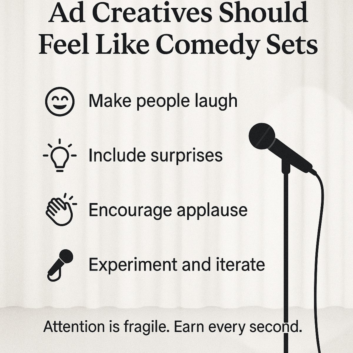 xhumza's tweet image. I used to build ad creative like a designer.
Now I build it like a stand-up comic:
→ Set up the joke
→ Time the punchline
→ Cut anything that drags
→ Hit with rhythm and clarity
Attention is fragile.
Even 1 boring second can tank a great idea.
#CreativeStrategy #AdsThatWork