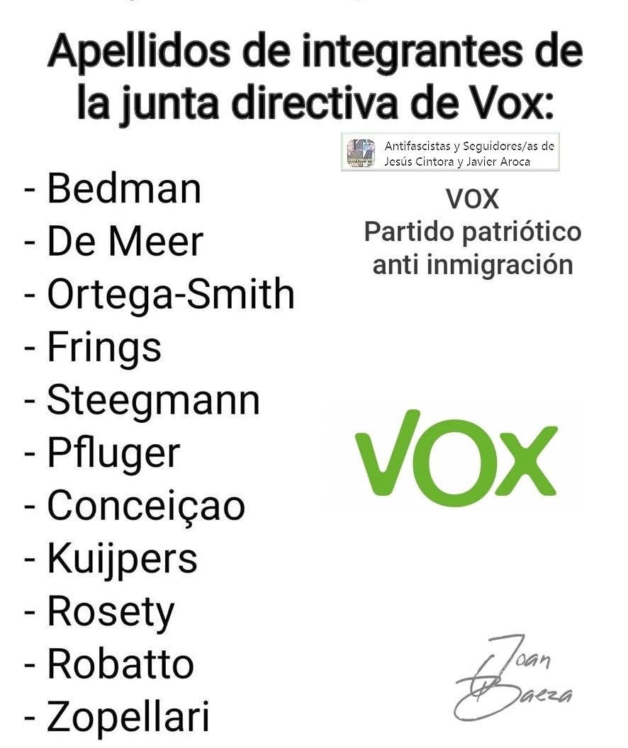 AndaluciaSinVOX's tweet image. Mucho españolismo pero en la Junta directiva de Vox no hay ni un español #XplicaOdio