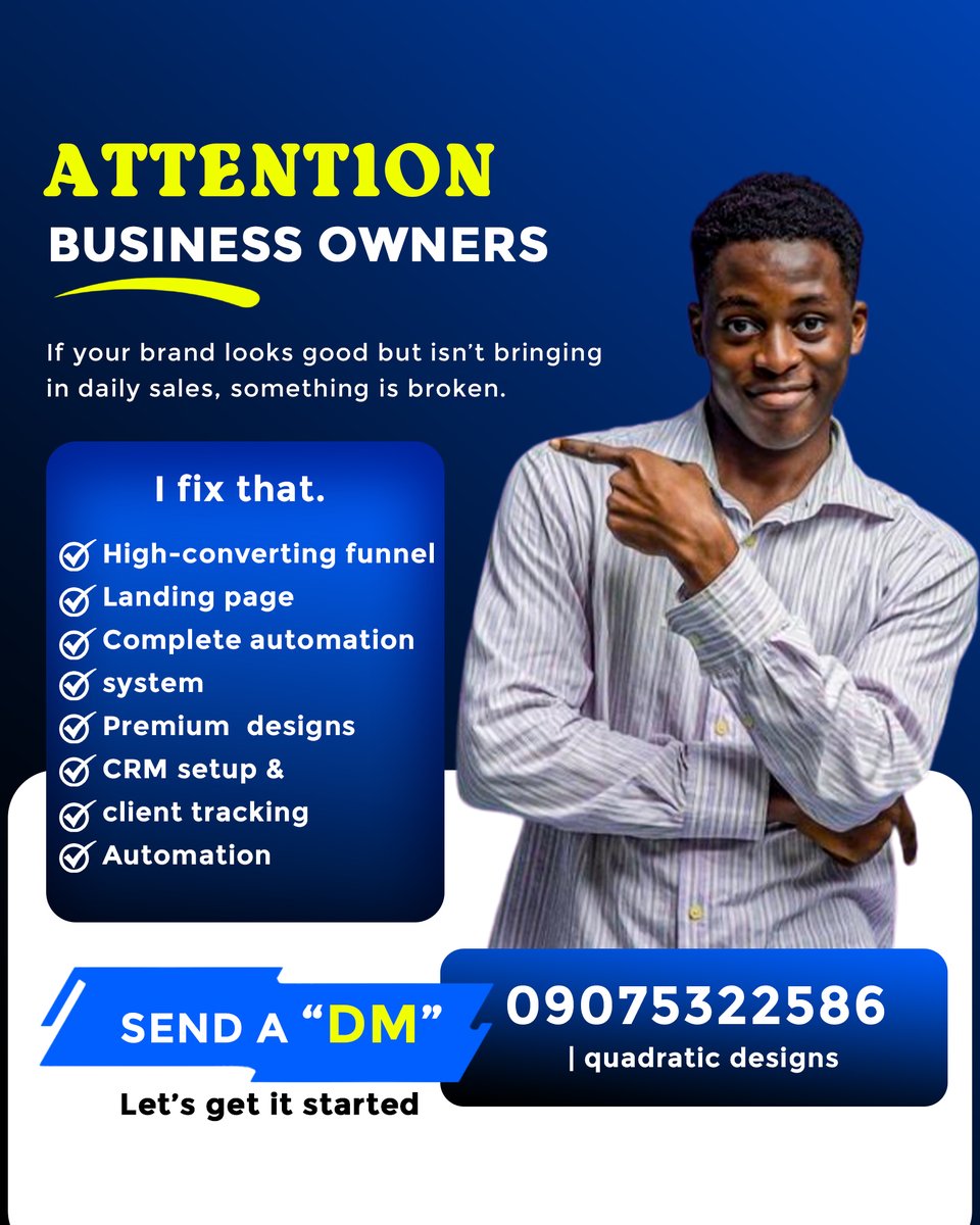OlaLekan5795231's tweet image. #GoHighLevelExpert #FunnelDesigner #AutomationSpecialist #BrandDesigner #DesignThatConverts #SystemThatSells #BusinessGrowthNigeria #SalesFunnelExpert #SmartBranding
