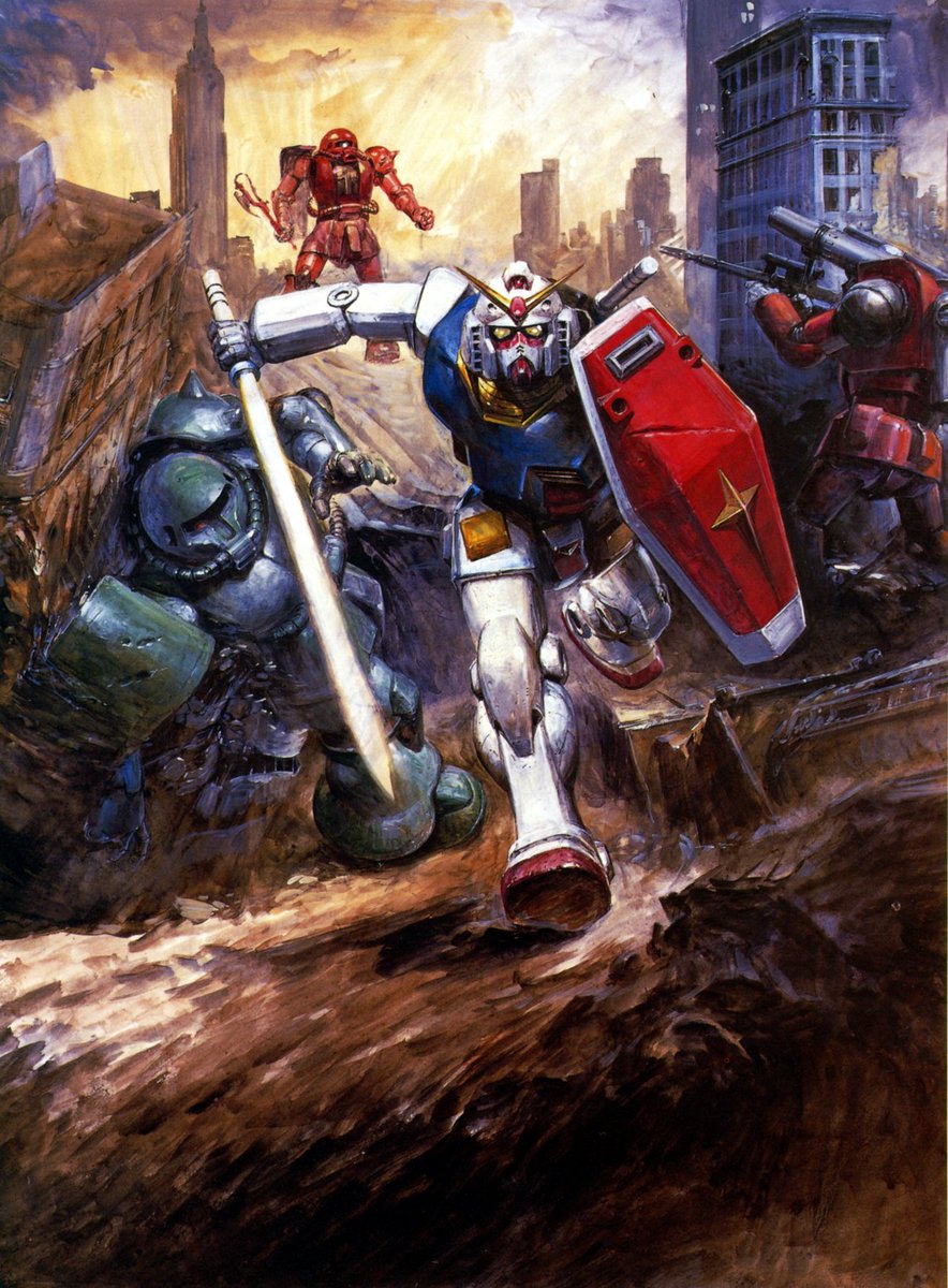 高荷先生のガンダム画を。
ボードゲームのパッケージに使われたイラストですが1983年の作品なので先生のガンダム画の中でもかなり初期（ひょっとした最初？）のものと思われます。
ガンダムも良いですがガンキャノンの後ろ姿が良い♪

シャアザクは…まぁご愛敬ですな😄
#高荷義之　#ガンダム