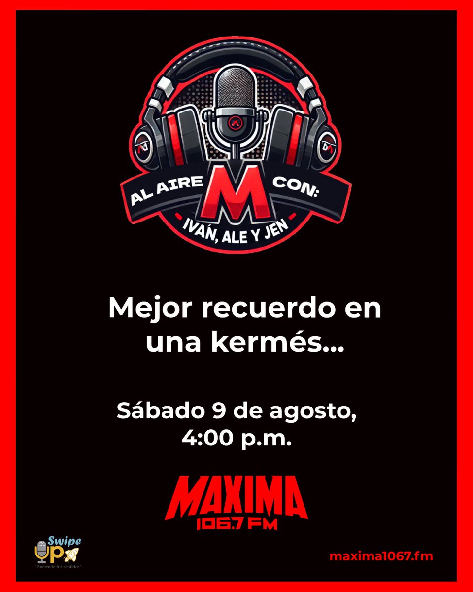 Iván Michel (@ivanmichelfm) on Twitter photo Nos escuchamos #AlAire, para que comentes aquellas cosas que no faltan en una #Kermés.
Los esperamos <a href="/AleeYudelevy/">Alejandra Magallanes ♔</a>, <a href="/HolaSoyJennFM/">HolaSoyJennFM</a> y su servidor, a las 4 p.m., por <a href="/MAXIMA1067FM/">MÁXIMA 106.7 FM</a> Nos escuchamos #AlAire, para que comentes aquellas cosas que no faltan en una #Kermés.
Los esperamos <a href="/AleeYudelevy/">Alejandra Magallanes ♔</a>, <a href="/HolaSoyJennFM/">HolaSoyJennFM</a> y su servidor, a las 4 p.m., por <a href="/MAXIMA1067FM/">MÁXIMA 106.7 FM</a>