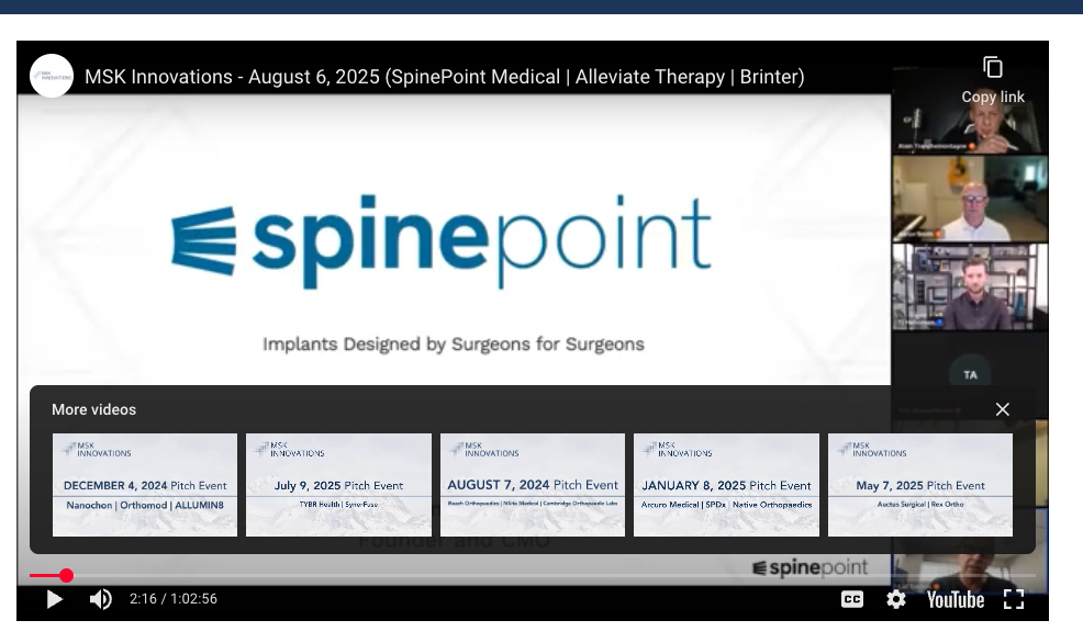 SpinePoint's tweet photo. Thank you again to MSK Innovations, Drue DeAngelis and TJ Halvorson for allowing SpinePoint to pitch on their platform. 
This is a must for any physician entrepreneurs or biomed startups to explore.
Thank you!
You can see it all at https://t.co/ONrf5bHXNJ https://t.co/Fq4ly3JRad