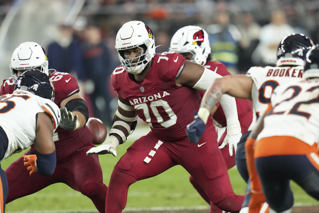 PFHOFAmbassador's tweet photo. PARIS JOHNSON JR, @AZCardinals OT - In 2024, recorded an Overall PFF Grade of 80.8 - ranking 1st among all LTs in their first or second NFL season (Per PFF) #BirdGang #Cards #Cardinals #Arizona #NFL #NFLUK #NFLTop100 #NFLNews #KCvsARI #KCvsAZ