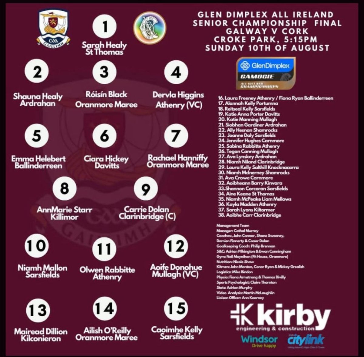 Best of luck to the Galway Senior Camogie team in the All-Ireland Final tomorrow. A special mention to our past students  Olwen Rabbitte, Laura Freeney, Siobhan Gardiner, Sabina Rabbitte, Niamh Niland, Kayla Madden &amp; Aoibhe Carr. We’re so proud of you all #GaillimhAbú  #Camogie