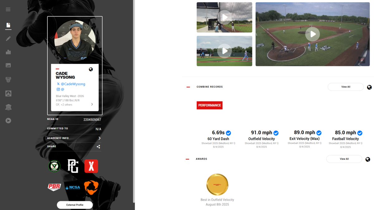 ShowBallCamps's tweet image. @CadeWysong
💥60 Yard Dash: 6.69s
💥OF Velo: 91 mph
💥Exit Velo: 89 mph
💥FB Velo: 85 mph
📕GPA: 4.5
📗ACT: 35
@Prime27_17 @BvwBaseball31 @SShoreCrawfish 
app.virtualcombine.com/profile/4da5c3…