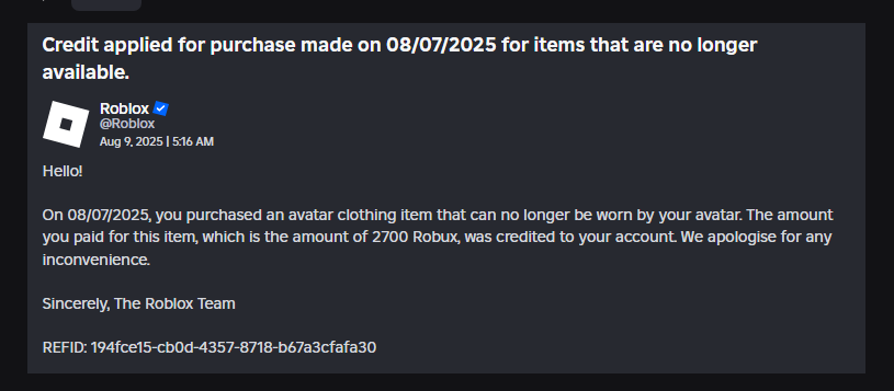any idea what this 2700 robux refund is for?