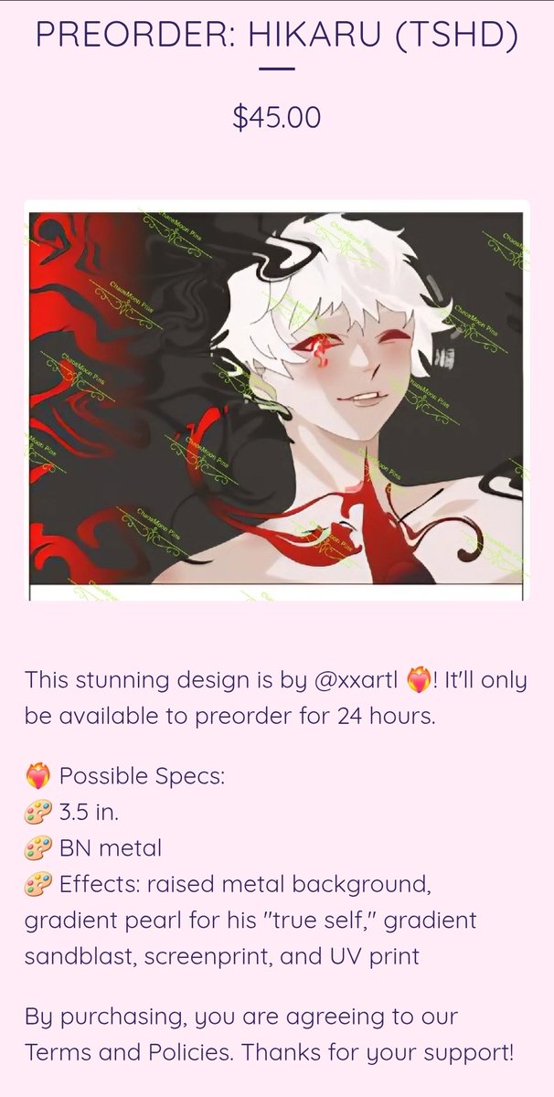 🌙 Preorders are now OPEN. The LE is 30 ✨️:

chaosmoonpins.bigcartel.com/product/preord…

#TSHD #thesummerhikarudied #Hikaruxyoshiki #animepin