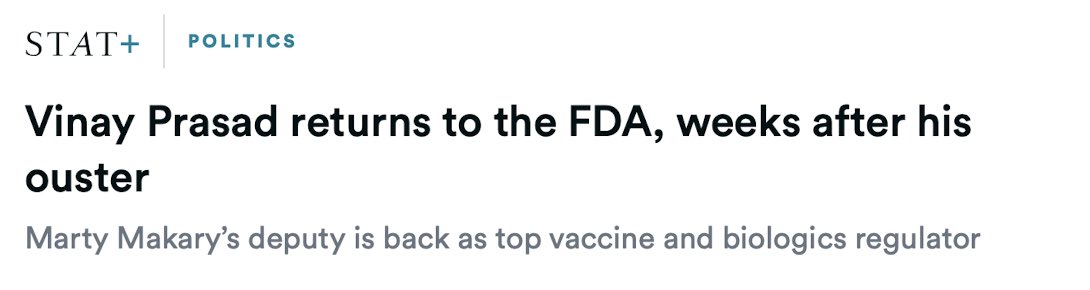 wallstengine's tweet image. Vinay Prasad is back at the FDA just two weeks after leaving, per STAT. He’ll resume leading the agency’s Center for Biologics Evaluation and Research, which oversees vaccines, gene therapies, and blood products. His return follows tensions over a Duchenne gene therapy review.