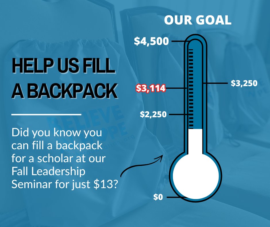 📚🎒 We're getting there! We have raised $3,114 for our Backpacks 4 Hope campaign and only need $1,386 left to meet our goal! For just $13, you can remind our scholars that they're seen &amp; supported.

Please help us reach our goal > jerichofoundation.org/backpacks4hope