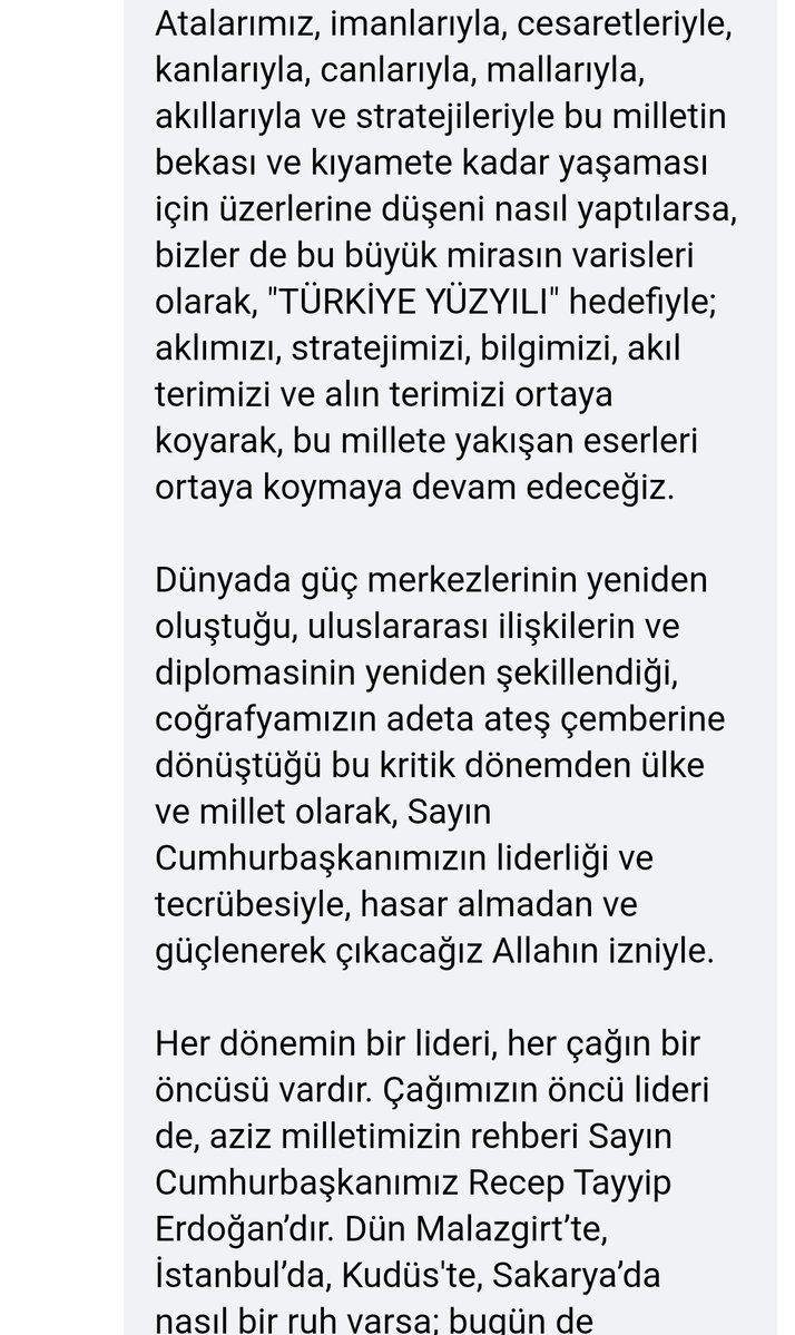 Oğuz Kaan POLAT (@oguzkaan_plt) on Twitter photo Sayın Bakanım Tarihi süreçte milletimizin kahramanlıkları ve dönüm noktalarını bu metinde çok güçlü bir şekilde ifade etmişsiniz Geçmişten bugüne uzanan bu onurlu duruşun,birlik beraberliğimizin en büyük teminatı olduğunu görmek gurur verici
<a href="/RTErdogan/">Recep Tayyip Erdoğan</a>
<a href="/tcbestepe/">T.C. Cumhurbaşkanlığı</a>
<a href="/33mustafasever/">MUSTAFA SEVER</a> Sayın Bakanım Tarihi süreçte milletimizin kahramanlıkları ve dönüm noktalarını bu metinde çok güçlü bir şekilde ifade etmişsiniz Geçmişten bugüne uzanan bu onurlu duruşun,birlik beraberliğimizin en büyük teminatı olduğunu görmek gurur verici
<a href="/RTErdogan/">Recep Tayyip Erdoğan</a>
<a href="/tcbestepe/">T.C. Cumhurbaşkanlığı</a>
<a href="/33mustafasever/">MUSTAFA SEVER</a>