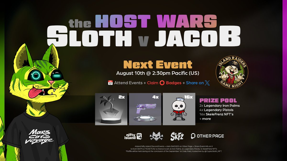 Sloth ๐ผ๐ดโโ ๏ธ๐ด (@cryptosloth_nft) on Twitter photo ๐ฎโ๏ธ SUNDAY GAME NIGHT โ HOST WARS!
Sunday August 10th, 2:30 PM PST
<a href="/FelineFiendz/">Fiendz</a> joins the chaos on <a href="/Nifty_Island/">Nifty Island ๐</a> as we storm Win at Willies for a special Host Wars event powered by <a href="/OtherPageHQ/">Other Page</a>
Palms. Pistols. Blooms. Unlimited mayhem.
๐ดโโ ๏ธ Loot via Nifty Island quests:
โข ๐ฎโ๏ธ SUNDAY GAME NIGHT โ HOST WARS!
Sunday August 10th, 2:30 PM PST
<a href="/FelineFiendz/">Fiendz</a> joins the chaos on <a href="/Nifty_Island/">Nifty Island ๐</a> as we storm Win at Willies for a special Host Wars event powered by <a href="/OtherPageHQ/">Other Page</a>
Palms. Pistols. Blooms. Unlimited mayhem.
๐ดโโ ๏ธ Loot via Nifty Island quests:
โข