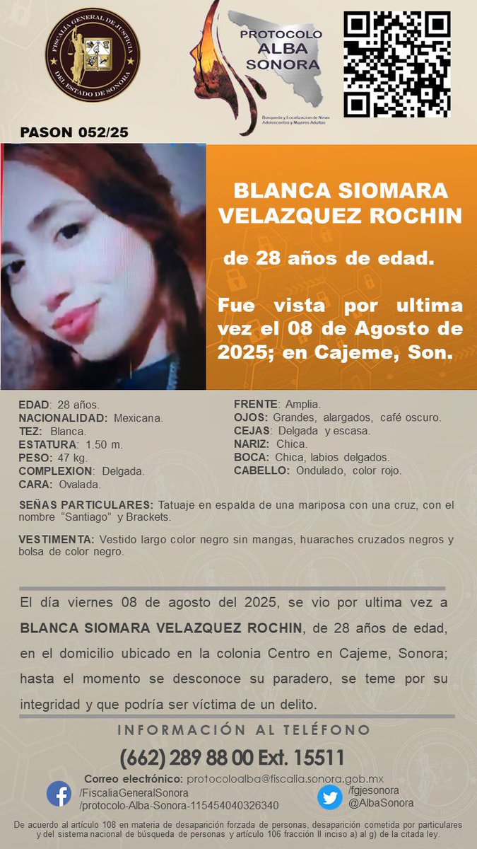 🟤 Se solicita a la ciudadanía su colaboración en la difusión de la cédula de Protocolo ALBA para la búsqueda y pronta localización de BLANCA SIOMARA VELAZQUEZ ROCHIN, de 28 años de edad. Desapareció el 08 de agosto de 2025, en Cajeme, Sonora.🟤

Muchas gracias de antemano por su