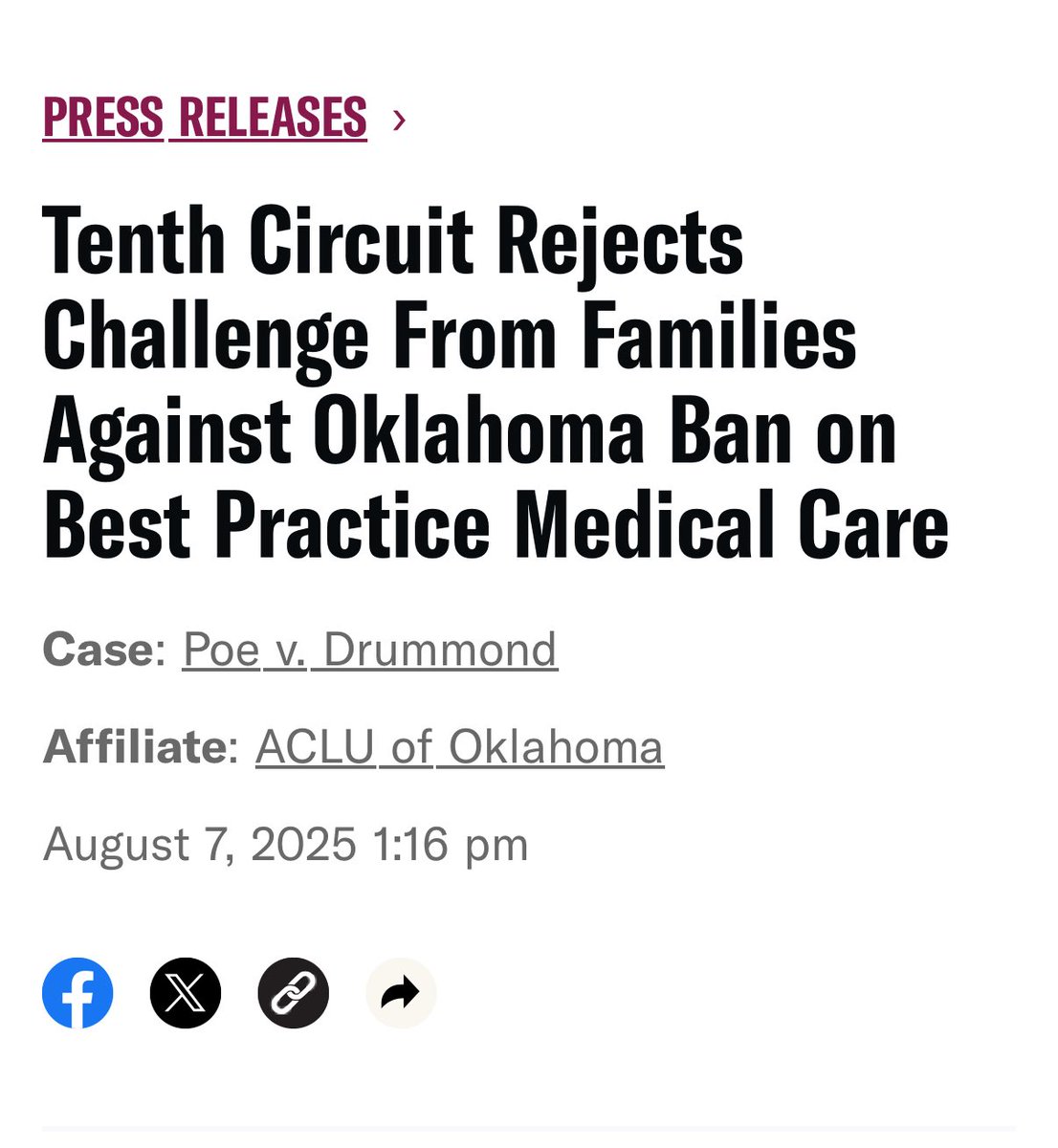 ACLU loses case in the 10th circuit that claimed that the Oklahoma ban on pediatric gender-transition treatment violated Section 1557 of the Affordable Care Act, which bars sex discrimination in healthcare. In 2016, the Obama administration changed the rules for 1557 to include