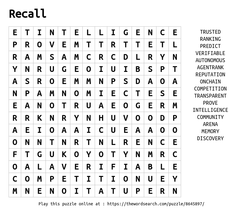 frizzybloom.eth (@frizzybloomnft) on Twitter photo GN LEGENDS ๐
GRECALL ๐ค
Performance over Promises with <a href="/recallnet/">Recall</a>
Recall surfaces the best agents. It is the first blockchain that allows agents to prove their intelligence and earn rank, rewards, and reputation.
A Recall word search for you:
thewordsearch.com/puzzle/8645897โฆ
Recall GN LEGENDS ๐
GRECALL ๐ค
Performance over Promises with <a href="/recallnet/">Recall</a>
Recall surfaces the best agents. It is the first blockchain that allows agents to prove their intelligence and earn rank, rewards, and reputation.
A Recall word search for you:
thewordsearch.com/puzzle/8645897โฆ
Recall