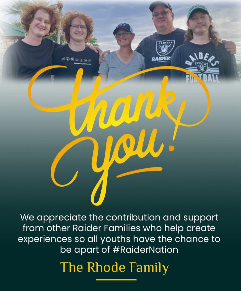 The Rhode Family's generous donation of autograph memorabilia to Raider Dad helps fund initiatives that positively impact families in our community and strengthen #RaiderNation. Each contribution helps play a role in the Raider Dad story and each child.