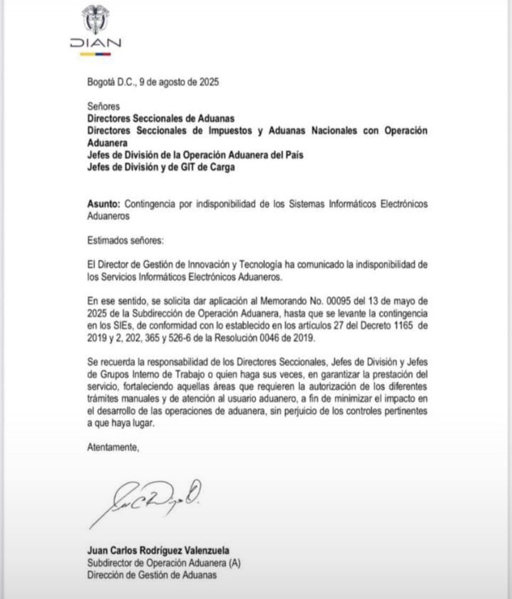 🚨 Alerta Comercio Exterior 🚨

La DIAN anunció la indisponibilidad temporal de los Sistemas Informáticos Electrónicos Aduaneros (SIEs), aplicando el Memorando No. 00095 de 2025.

📄 Se habilitan trámites manuales hasta que se levante la contingencia.