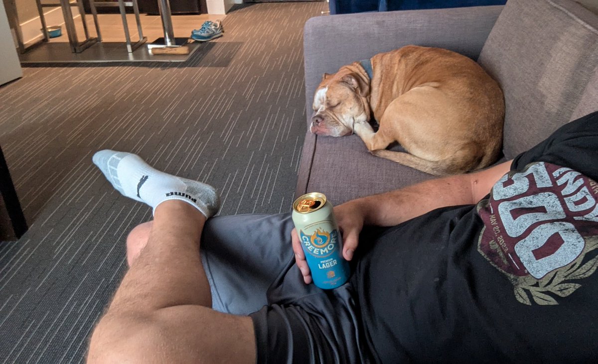 TruckinEh's tweet photo. He gets away with sleeping on the couch when we're in a hotel.

They want to charge extra for a dog, the dog is getting a bath and will be on the furniture. https://t.co/o7vsFW4wxW
