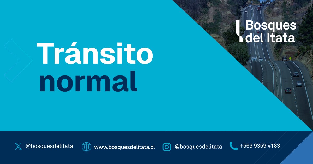 ✅ [INFORMACIÓN] A esta hora se registra tránsito normal en la ruta #BosquesdeIItata. Pistas y bermas despejadas, y peajes operando con normalidad.

Conduzca con precaución. 

@mopbiobio <a href="/mop_chile/">Ministerio de Obras Públicas🇨🇱</a> @mttbiobio <a href="/MTTNuble/">SeremiTT Región de Ñuble</a>
