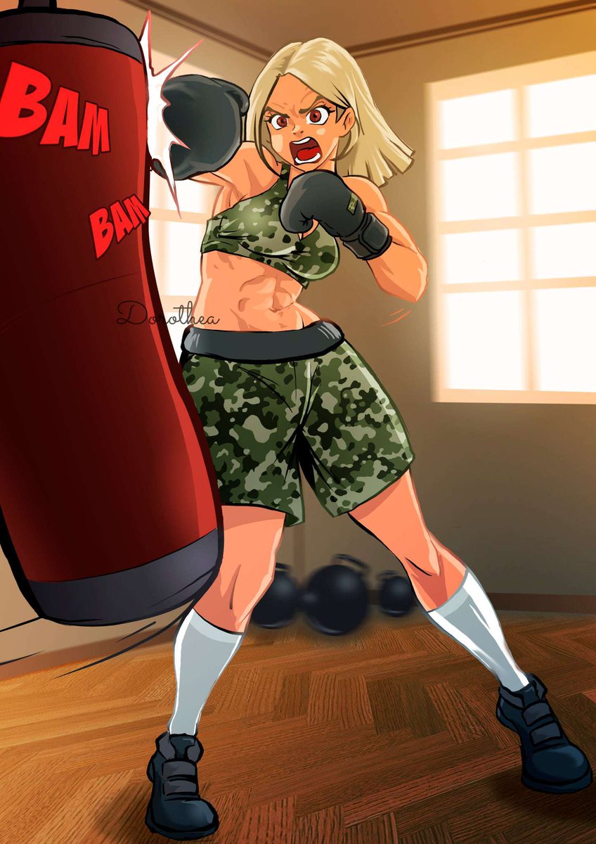 Cheerful_moose0's tweet image. An intense and muscular female boxer with short blonde hair and determined red eyes is fiercely punching a heavy bag. She&apos;s wearing a camouflage sports bra and matching shorts, along with black boxing gloves and white knee-high socks. The scene is set in a gym with sunlight…
