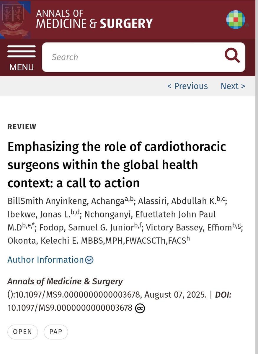 Fodop Samuel 🇨🇲🩺 (@samuelfodop) on Twitter photo 🌍 CVDs kill 17M people/yr — 80% in LMICs.
Yet 75% of the world has no access to cardiac surgery.
Our paper calls for urgent action:
🩺 Train & support surgeons in LMICs
🤝 Integrate into global health policy
🔗 doi.org/10.1097/MS9.00…
#GlobalSurgery
<a href="/FutureAfroCT/">AFAC</a> 🌍 CVDs kill 17M people/yr — 80% in LMICs.
Yet 75% of the world has no access to cardiac surgery.
Our paper calls for urgent action:
🩺 Train & support surgeons in LMICs
🤝 Integrate into global health policy
🔗 doi.org/10.1097/MS9.00…
#GlobalSurgery
<a href="/FutureAfroCT/">AFAC</a>