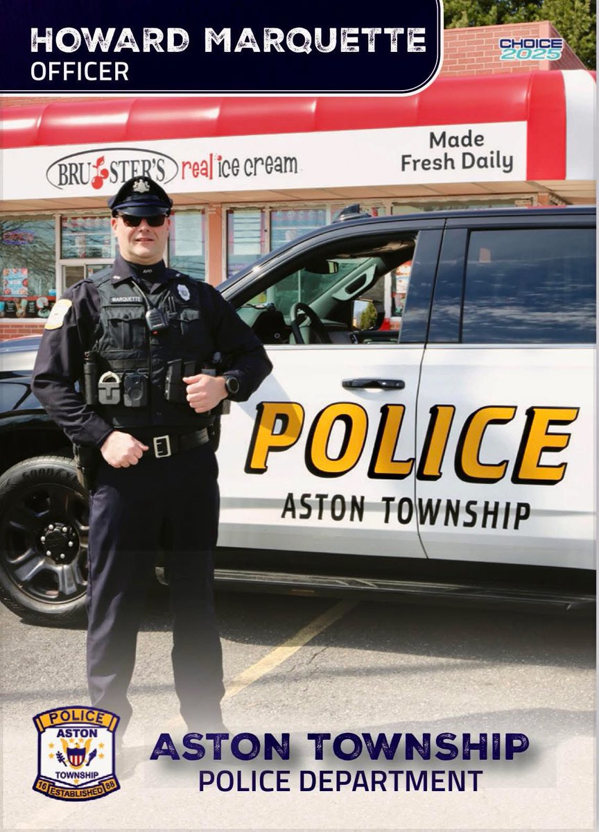 Card #27 is Officer Howard Marquette.  His card can be picked up at Bruster’s Ice Cream located at 3630 Concord Road, Aston.  Cards will be handed out 12 noon to 9pm 7 days a week.  Released date: 08/09/25.  Card 27 of 31.