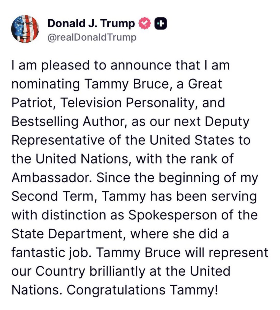 Trump says he is nominating State Dept spox Tammy Bruce to be deputy US ambassador at the UN