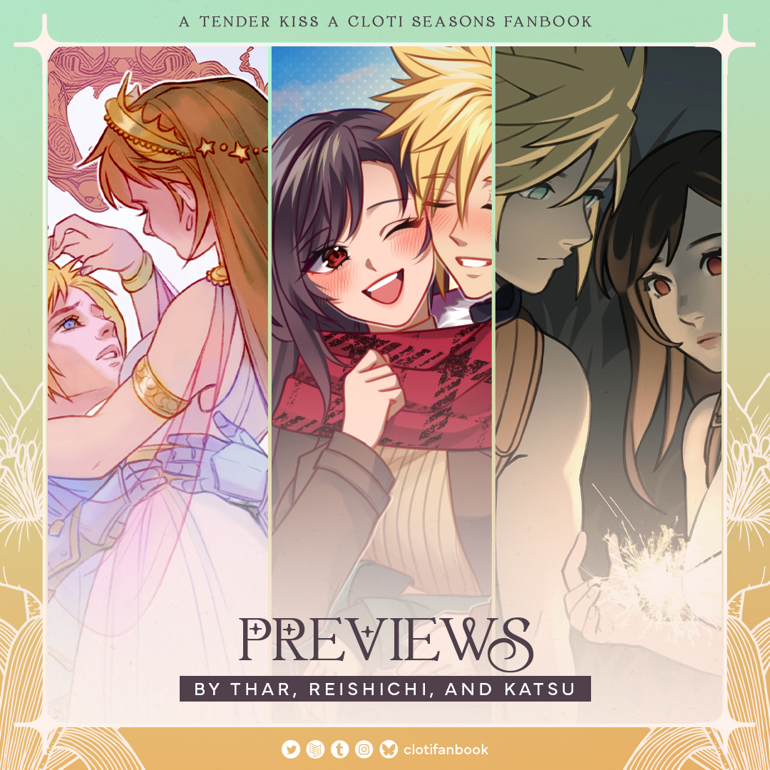 💛 PREVIEWS 💚

Here's another closer look at WIPs by <a href="/thecinnaminion/">Thar 🦋 Working on Comms!</a>, <a href="/reishichi_/">reii🌻✨ check 📌 for Comms</a>, and <a href="/katsuartsu/">🍄 commissions open</a> ✨ They’ve beautifully captured the gentle warmth and timeless love shared between #Cloti 🥺

We can't wait to show you the full versions when POs open in October! 🌼