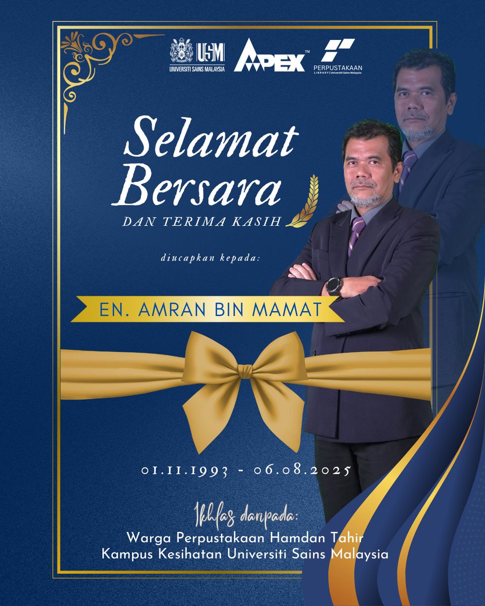 10/8/2025 | AHAD 
Seluruh warga Perpustakaan Hamdan Tahir USM merakamkan sekalung penghargaan dan terima kasih buat Encik Amran bin Mamat yang telah bersara setelah menabur jasa bakti kepada Perpustakaan lebih 30 tahun. 
#perpustakaanhamdantahir 
#usmlibraries