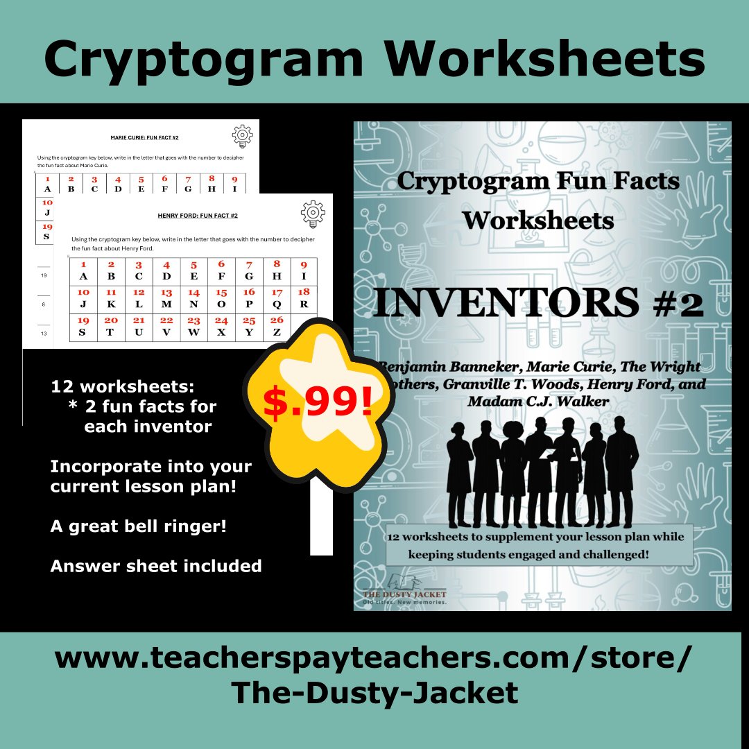 TDJReviews's tweet photo. These worksheets give two facts each for Benjamin Banneker, Marie Curie, The Wright Brothers, Granville T. Woods, Henry Ford, and Madam C.J. Walker. Find out who named an element after her native country and who made a wooden clock that kept perfect time. https://t.co/CAQAby0ldk https://t.co/4HzsnJjDG7