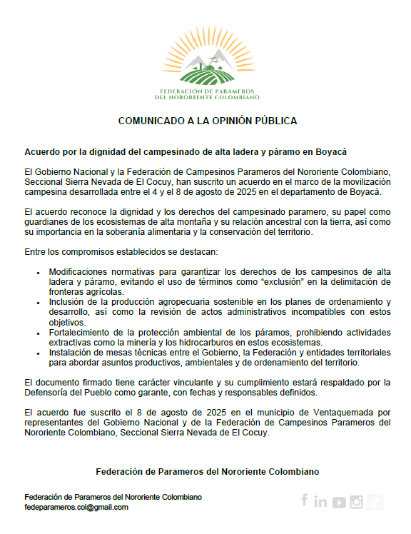 La voz del #páramo fue escuchada

Tras días de #movilización #pacífica hoy se firma un compromiso que reconoce la dignidad, el trabajo y el territorio del #campesinado #paramero
#Acuerdo #campesinos #Boyaca
<a href="/GobBoyaca/">Gobernación de Boyacá</a> <a href="/boyacasietedias/">Boyacá Sie7e Días</a> <a href="/Boyaca95_6FM/">Boyacá 95.6 FM</a> <a href="/BoyacaRadio/">Boyacaradio.com</a> <a href="/CaracolRadioTun/">Caracol Radio Boyacá</a>