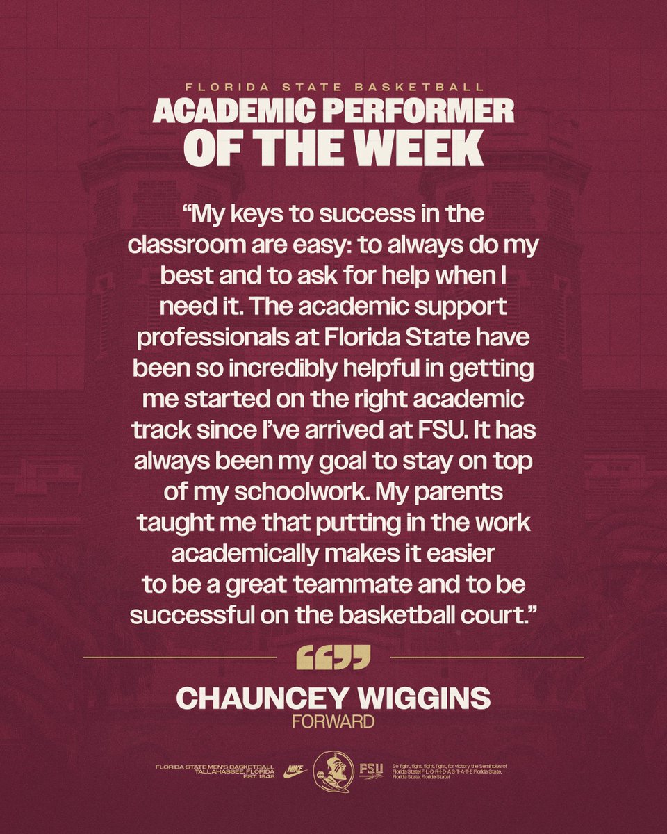 Florida State Men’s Basketball (@fsuhoops) on Twitter photo Chauncey Wiggins is our Academic Performer of the Week 📖🙌
<a href="/cwiggins30/">Chauncey Wiggins</a> | #CONNECTED Chauncey Wiggins is our Academic Performer of the Week 📖🙌
<a href="/cwiggins30/">Chauncey Wiggins</a> | #CONNECTED