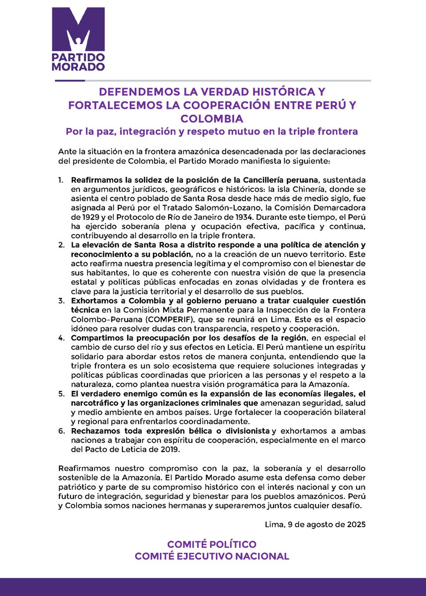 Reafirmamos la soberanía peruana en Santa Rosa, respaldada por historia y derecho. Apostamos por la paz, la cooperación y el desarrollo en la triple frontera. Perú y Colombia deben enfrentar juntos los retos comunes y rechazar toda división.