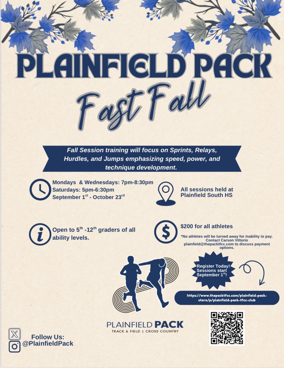 We have now open registration for our fall Track &amp; Field Training Session and our Fall Post-Season Cross Country Session! You can register for either using this link!

thepacktfcc.com/plainfield-pac…