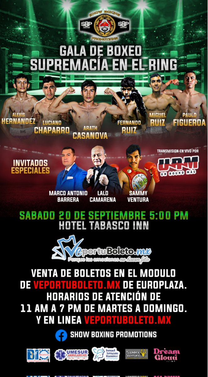 GAPAV3's tweet image. 🥊 ¡La batalla por la supremacía en el ring está por comenzar! 🥊

📅 Sábado 20 de septiembre | 🕔 5:00 PM
📍 Hotel Tabasco Inn – Villahermosa

💥 Grandes combates
💥 Invitados especiales
💥 Transmisión en vivo

🎟 Boletos en Europlaza (módulo Veportuboleto.mx) o en línea