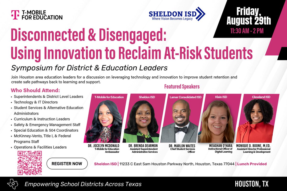 Monique Boone (@mdboone_edu) on Twitter photo Let’s learn together at the Houston Education Symposium - Disconnected & Disengaged: Using Innovation to Reclaim At-Risk Students!
Fri, Aug 29, 2025
11:30 AM–2:00 PM
Hou, TX
Register here: lnkd.in/gUmn4Hxy
<a href="/DrJEMcDonald/">Dr. Jocelyn McDonald</a> <a href="/TMobile/">T-Mobile</a> <a href="/SheldonISD/">Sheldon ISD</a> #EdEquity #ReEngageStudents Let’s learn together at the Houston Education Symposium - Disconnected & Disengaged: Using Innovation to Reclaim At-Risk Students!
Fri, Aug 29, 2025
11:30 AM–2:00 PM
Hou, TX
Register here: lnkd.in/gUmn4Hxy
<a href="/DrJEMcDonald/">Dr. Jocelyn McDonald</a> <a href="/TMobile/">T-Mobile</a> <a href="/SheldonISD/">Sheldon ISD</a> #EdEquity #ReEngageStudents