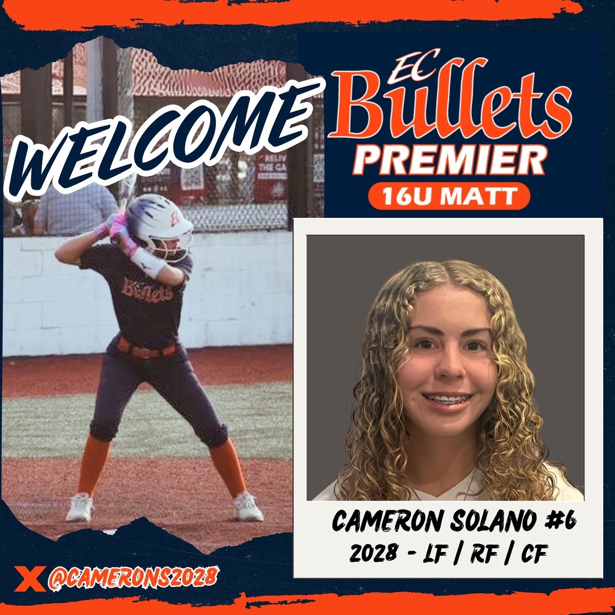 We are excited to welcome Cameron Solano to EC Bullets Premier 16U.
Cameron is a 2028 from Jupiter, Florida and attends Dwyer High School. She plays in the outfield and is known for her big bat and great eye at the plate, which leads to very few strikeouts. Cameron consistently