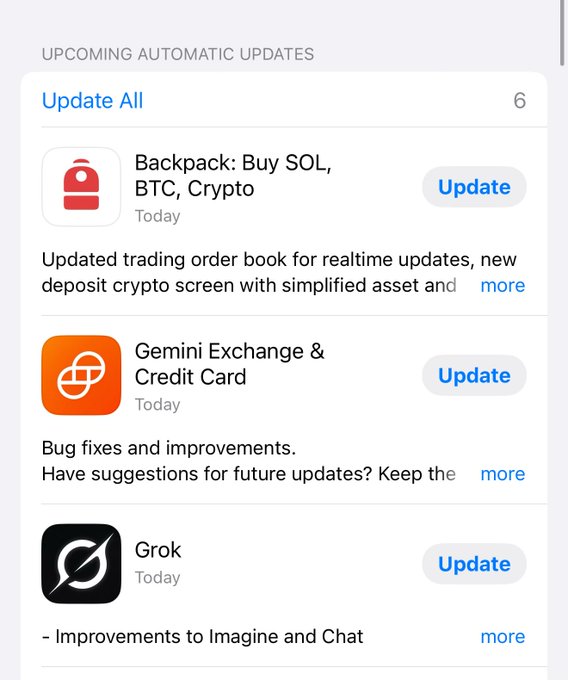 Backpack, Gemini Exchange, Grok 앱의 다가오는 자동 업데이트