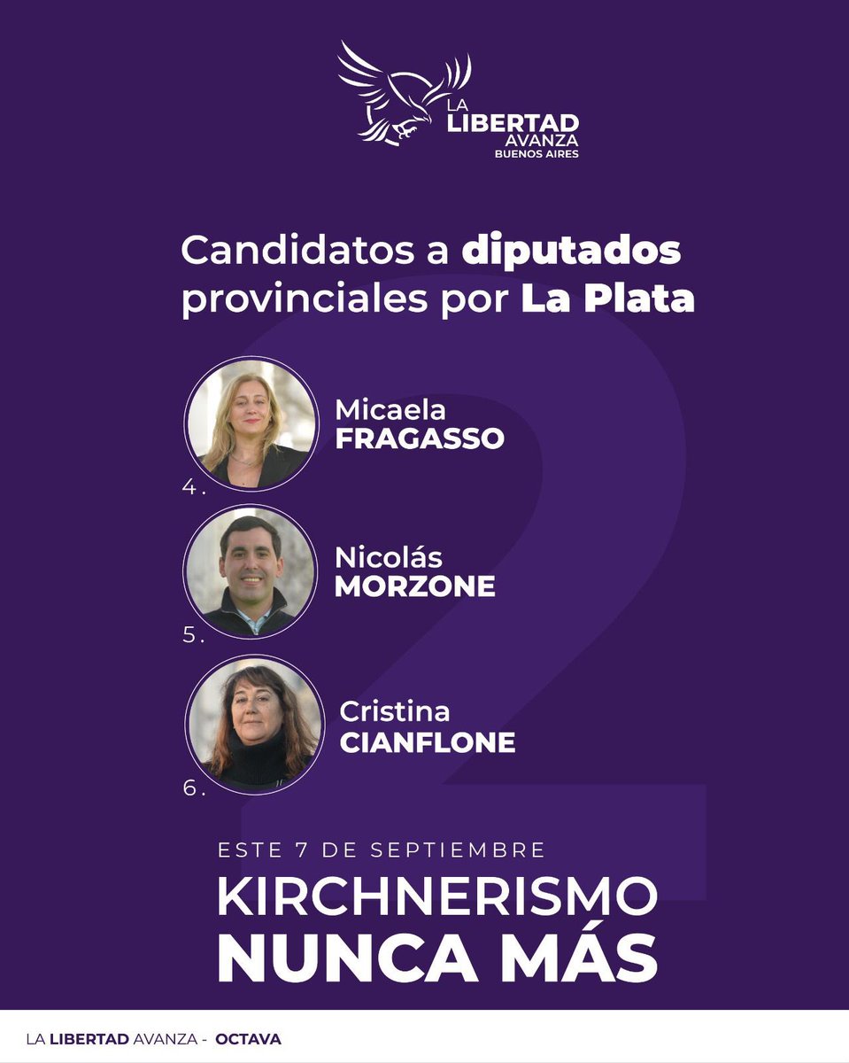 🟣 KIRCHNERISMO NUNCA MÁS 🟣

Esta es tu lista de diputados provinciales por la Ciudad de La Plata:
1. <a href="/franciscoadorni/">Francisco Adorni</a> 
2. <a href="/juliquinteroc/">Julieta Quintero Chasman</a> 
3. <a href="/JuanesOsaba/">Juanes Osaba</a> 
4. <a href="/micaelafragasso/">Micaela Fragasso</a> 
5. <a href="/nicomorzone/">Nicolás Morzone</a> 
6. Cristina Cianflone

¡Este 7 de septiembre, QUE DEVUELVAN LA PLATA!
