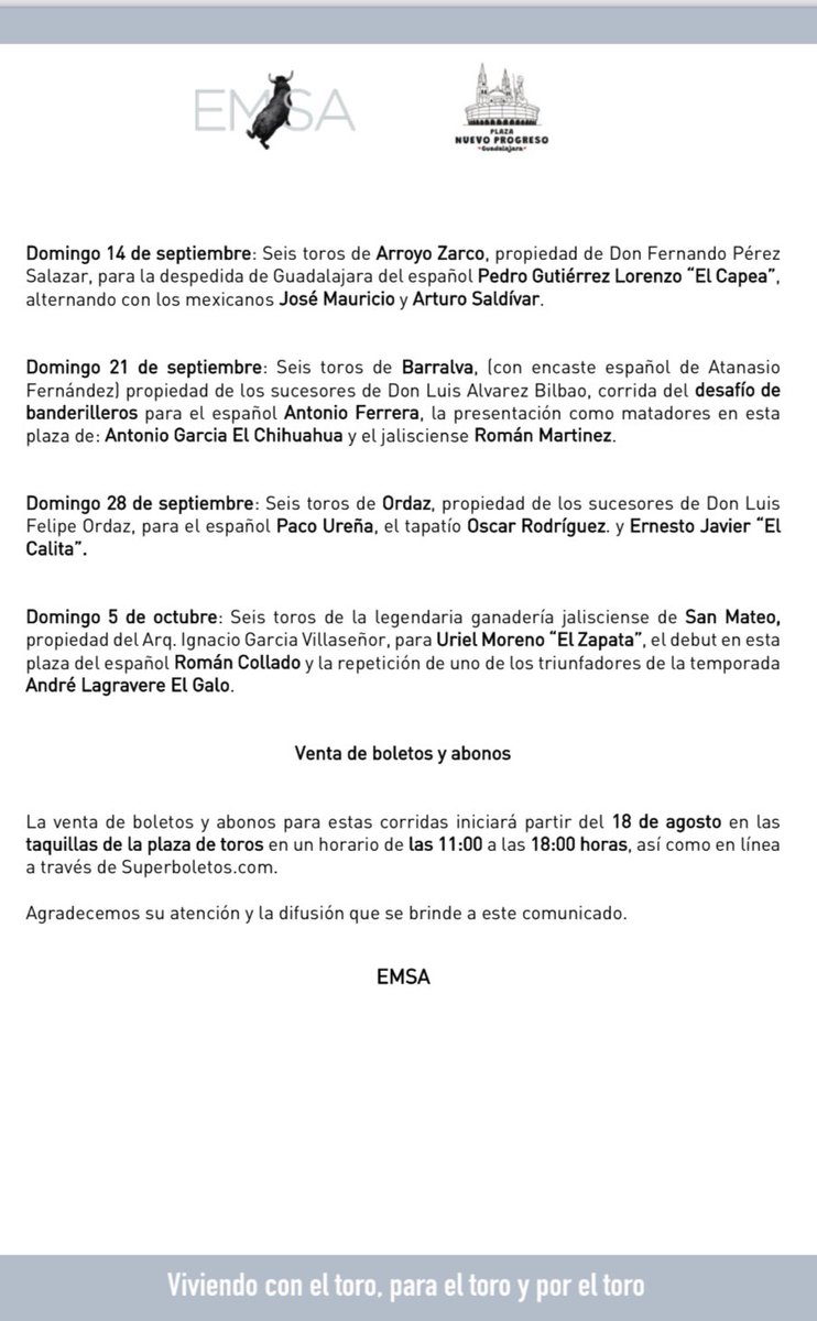 📰 ¡SE REANUDA LA TEMPORADA 2025 EN GUADALAJARA, SIENDO LA MÁS NUTRIDA DE FESTEJOS EN LOS ÚLTIMOS 30 AÑOS! 
Guadalajara se consolida como la plaza con mayor actividad taurina del país.
Autor de la obra: Juan Carlos Santoscoy
🎫 Venta de boletos y abonos: 18 de agosto