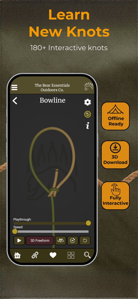 bear_essentls's tweet photo. New 3D &amp; OFFLINE Knot Tying App!

Made by The Bear Essentials! 

PLAY STORE (Android): https://t.co/MzYmXBVJDO

APP STORE (ios): https://t.co/rgrXPqIVYa

#knots #knottying #knotapp #outdoorgear https://t.co/6cb3qZ9SAd