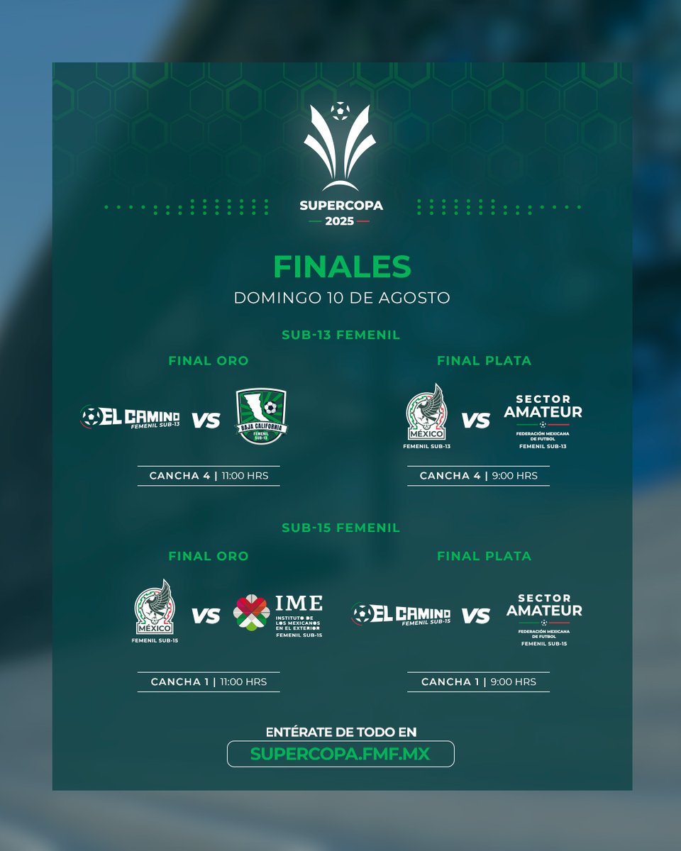 ¡Gran Final de la #Supercopa2025 Femenil, mañana se definen a las campeonas!

⚽ Sub-13: Selección de El Camino vs. Baja California
⚽ Sub-15: Selección Mexicana vs. IME

EN vivo por YT de <a href="/miseleccionmx/">Selección Nacional</a> y el de FMF, así como en  supercopa.fmf.mx