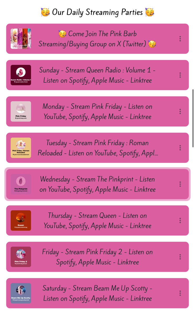 Keron_ave (@keron_ave) on Twitter photo This is link is access to playlists, buying links, and everything <a href="/NICKIMINAJ/">Nicki Minaj</a>
I cannot stress enough how we now need your time and effort with streaming.
I also want to express gratitude and appreciation in advance.
In this link go to our daily streaming parties, click the day This is link is access to playlists, buying links, and everything <a href="/NICKIMINAJ/">Nicki Minaj</a>
I cannot stress enough how we now need your time and effort with streaming.
I also want to express gratitude and appreciation in advance.
In this link go to our daily streaming parties, click the day