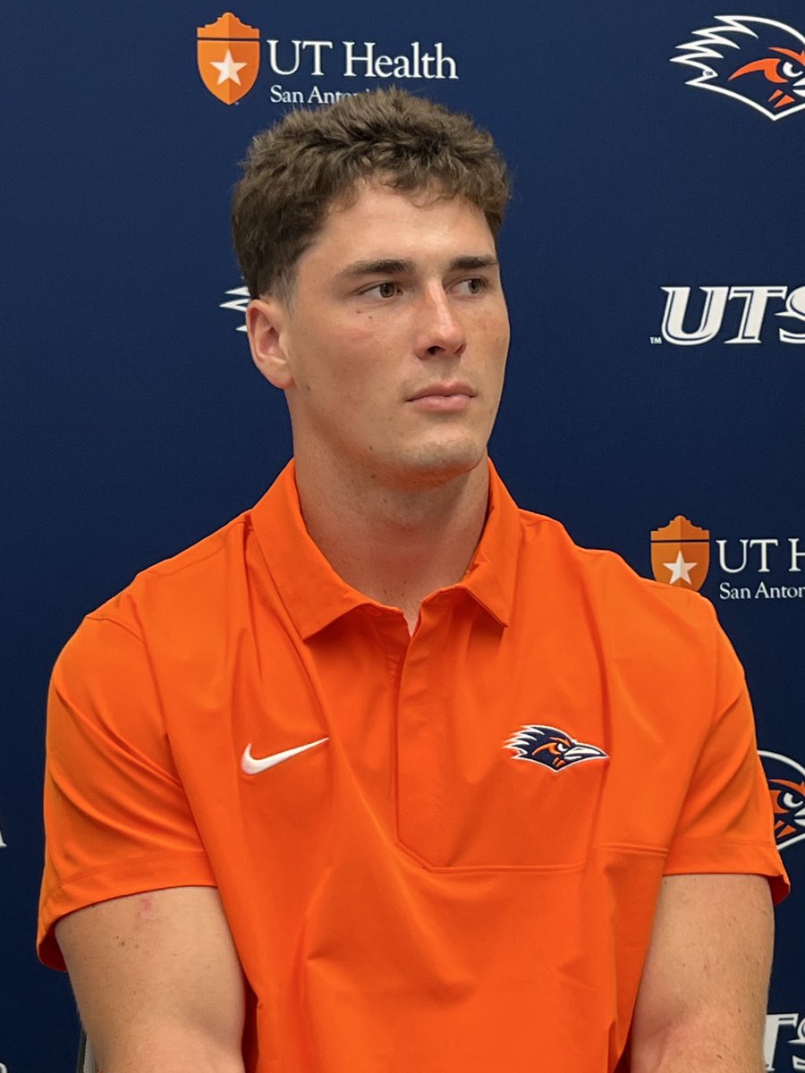theJJPerez's tweet photo. Tight End Patrick Overmyer at @UTSAFTBL media day. Overmyer was named a freshman All American last year. He figures to be a key contributor to the Roadrunner offense in 2025. https://t.co/chikgTjRL9
