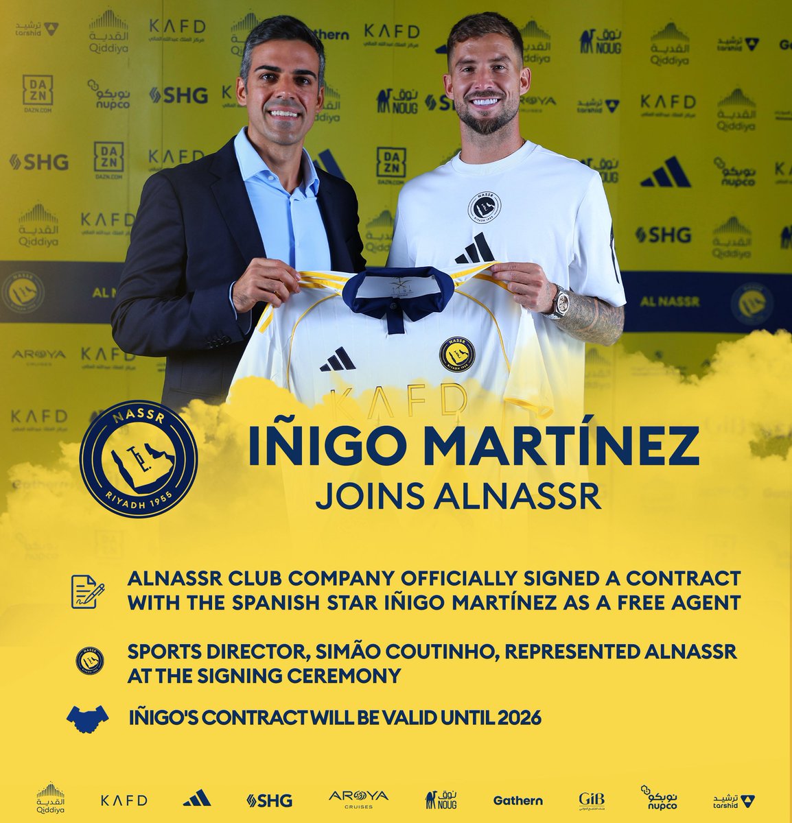 AlNassrFC_EN's tweet photo. Official ✍️
Spanish defender Iñigo Martínez joins #AlNassr as a free agent 💛 https://t.co/qFVyXfiXgV