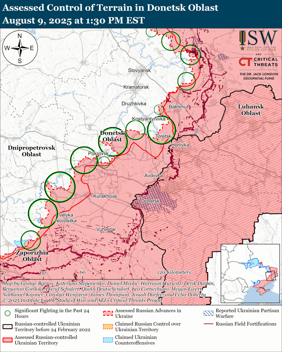 TheStudyofWar's tweet image. 3/ Surrendering the remainder of Donetsk as the prerequisite of a ceasefire w/ no commitment to a final settlement would position Russia extremely well to renew its attacks on more favorable terms, having avoided a long &amp;amp; bloody struggle for the ground. isw.pub/UkrWar080925
