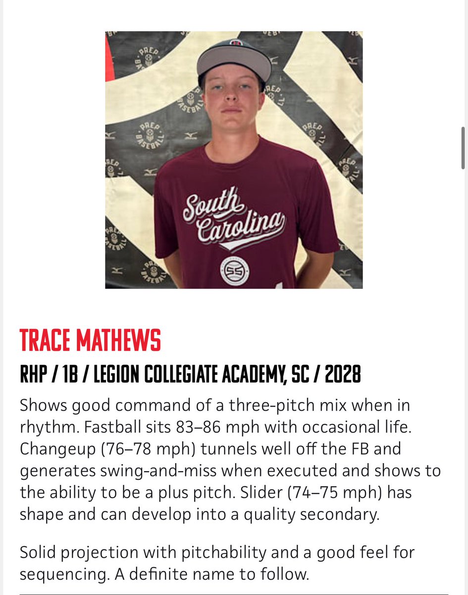 Trace Mathews (@trace_mathews45) on Twitter photo I want to thank <a href="/SammyEsposito41/">Sammy Esposito</a> and <a href="/PrepBaseball_SC/">Prep Baseball South Carolina</a> again for giving me the opportunity to play in super sophomore and for The write up below!
Looking forward to kicking off the fall season with <a href="/_thedirtbags/">Dirtbags Baseball</a>!
<a href="/Hunter_Ridge10/">Hunter Ridge</a> <a href="/diamondprospect/">Diamond Prospects</a> <a href="/LCA_BSBL/">Legion Collegiate Baseball</a> <a href="/CoachBennettLCA/">CoachBennett21</a> I want to thank <a href="/SammyEsposito41/">Sammy Esposito</a> and <a href="/PrepBaseball_SC/">Prep Baseball South Carolina</a> again for giving me the opportunity to play in super sophomore and for The write up below!
Looking forward to kicking off the fall season with <a href="/_thedirtbags/">Dirtbags Baseball</a>!
<a href="/Hunter_Ridge10/">Hunter Ridge</a> <a href="/diamondprospect/">Diamond Prospects</a> <a href="/LCA_BSBL/">Legion Collegiate Baseball</a> <a href="/CoachBennettLCA/">CoachBennett21</a>