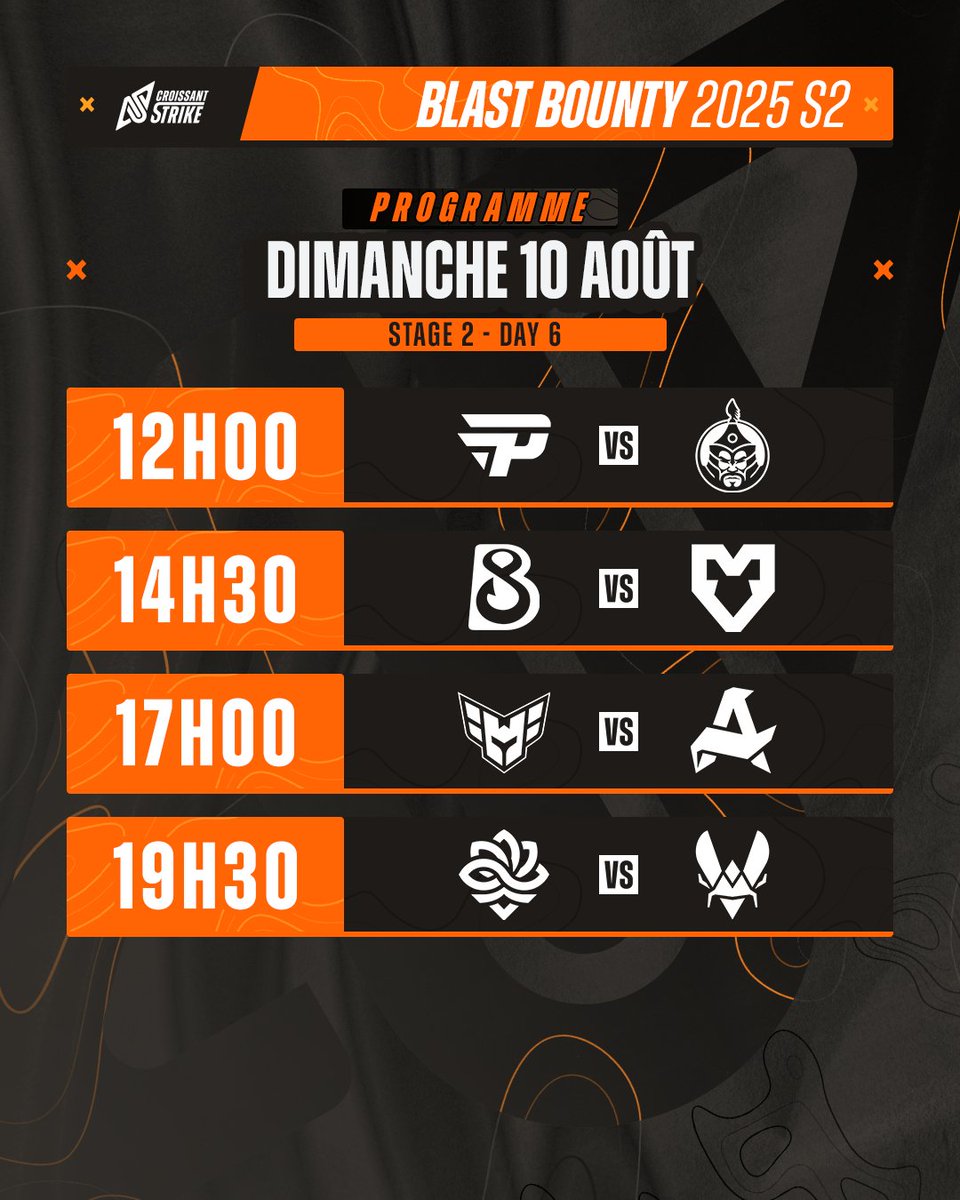 Croissant Strike (@croissantstrike) on Twitter photo 🗓️ DENIER JOUR DU STAGE 2 !
Comme hier, les équipes de gauche vont essayer d'aller chercher le bounty de leur adversaire. 🤑
🇪🇺 <a href="/TeamVitalityCS/">Team Vitality CS</a> va tenter de défendre ses $57.500 en ultime match, de quoi passer un bon dimanche soir. #VITWIN 🗓️ DENIER JOUR DU STAGE 2 !
Comme hier, les équipes de gauche vont essayer d'aller chercher le bounty de leur adversaire. 🤑
🇪🇺 <a href="/TeamVitalityCS/">Team Vitality CS</a> va tenter de défendre ses $57.500 en ultime match, de quoi passer un bon dimanche soir. #VITWIN