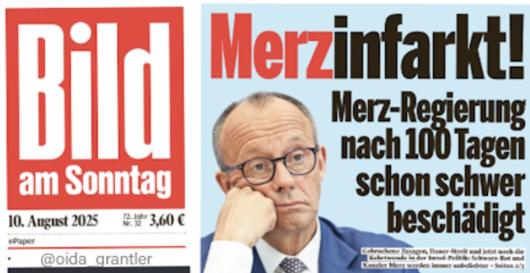 "MerzInfarkt!" titelt Bild am Sonntag. Rekordverdächtige knapp 60% misstrauen dem Kanzler und seiner Regierung. Da bin ich dabei! ✋