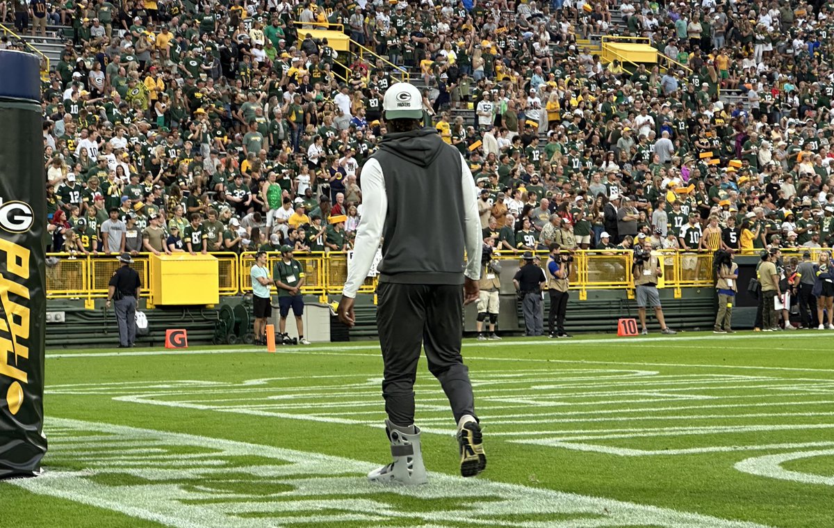 CarsonFowlerTV's tweet image. #Packers WR Jayden Reed with a boot on his left foot.
